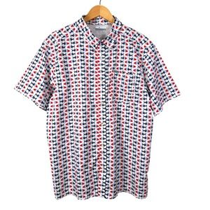 Columbia Mens L G Short Sleeve Button Up Shirt Fish Print‎ White Red Blue